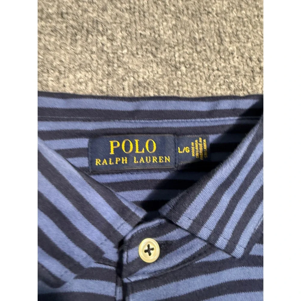 Polo Ralph Lauren Mens Large Blue Navy Striped Short Sleeve Polo Shirt Pony Logo